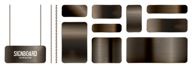 铁链上挂着金属横幅。现实闪亮钢板螺丝。抛光生锈的金属表面。矢量图图片下载