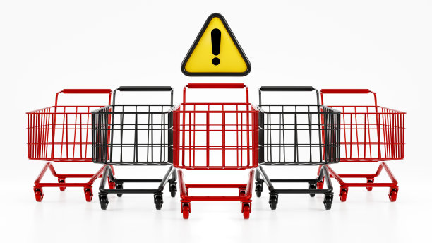 购物车的3D渲染与感叹号图标，错误，问题和警告购物在白色背景图片下载