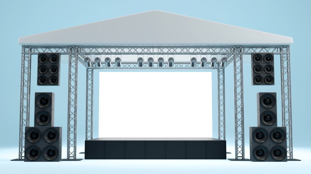 户外舞台索具桁架的三维渲染与灯光和音响系统，中央屏幕为所有活动，音乐会，演出的商业概念图片下载