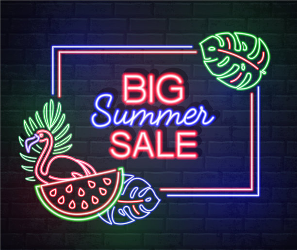 霓虹灯标志夏季大减价与热带树叶图片下载