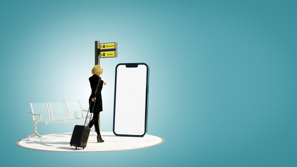 一个带着旅行箱的年轻女子走向大智能手机。三维演示图片下载