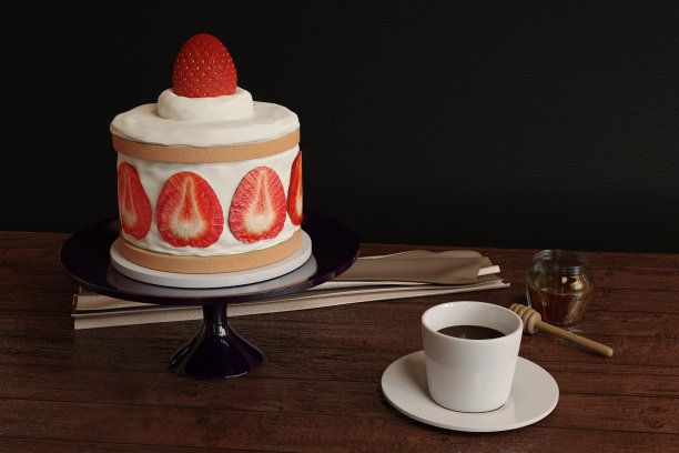 3d渲染草莓蛋糕，蜂蜜和咖啡图片下载