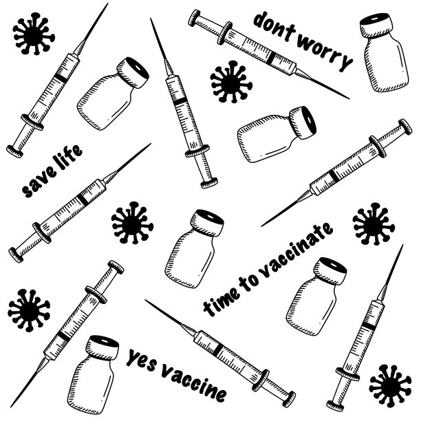 疫苗接种涂鸦的概念。COVID-19冠状病毒疫苗瓶和医疗注射器。图片下载