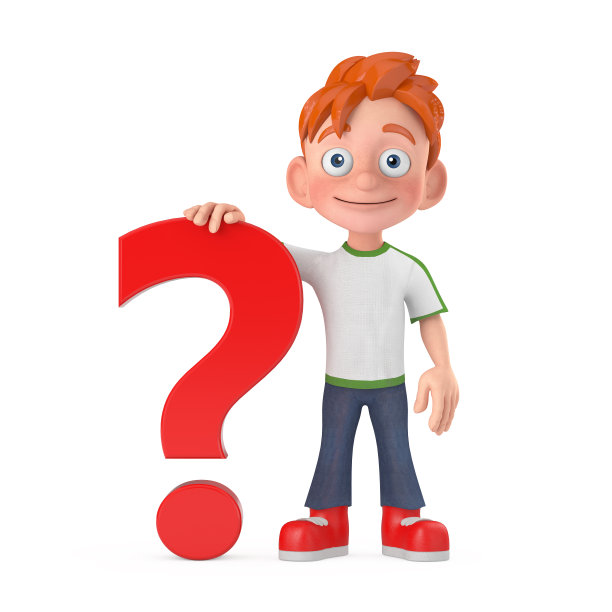 卡通小男孩青少年人物吉祥物与红色问号标志。3d渲染图片下载