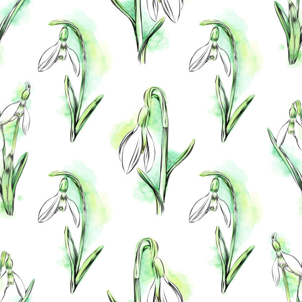 雪花莲花无缝重复背景-水彩和墨水矢量EPS10插图图片下载