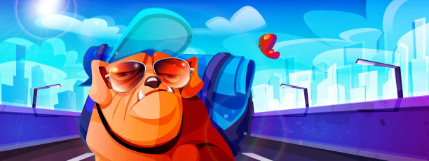 旅行，徒步旅行，冒险卡通风格。一只斗牛犬——一名游客在城市里被一只蝴蝶分散了注意力，在城市建筑的背景下落在了人群后面。图片下载