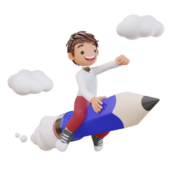 3d渲染可爱的学生角色在铅笔上飞行图片下载