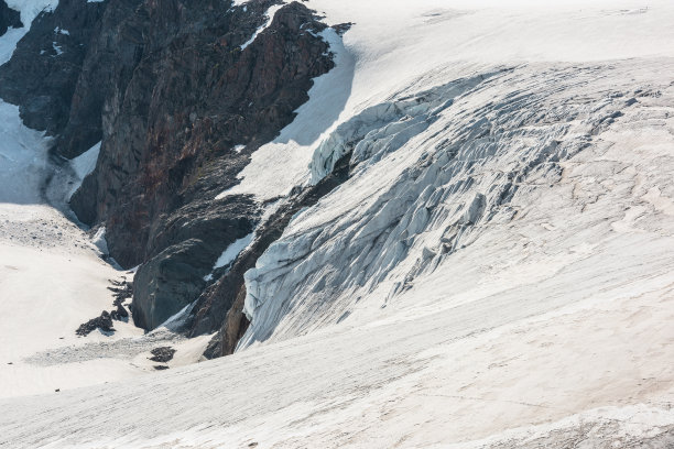 风景优美的山地景观，在岩石附近的大冰川上有冰瀑。令人敬畏的高山风光与冰川舌在阳光下。大气视图，美丽的冰川舌纹理在非常高的海拔。图片下载