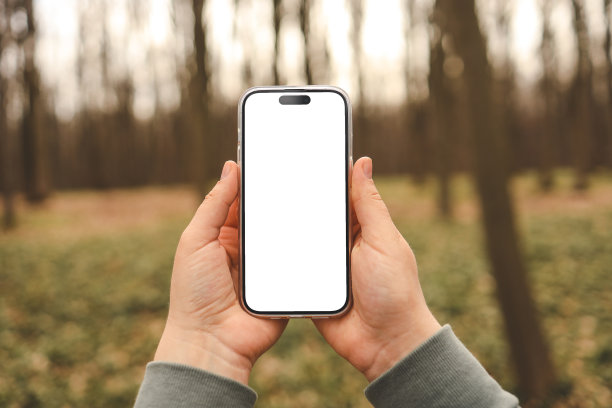 手持黑屏手机在森林里拍照或自拍。没有信号。这个概念可能与数字排毒或商业信息有关图片下载