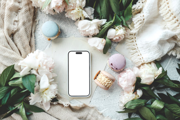 手机有一个孤立的屏幕，可以放广告、马卡龙和牡丹图片下载