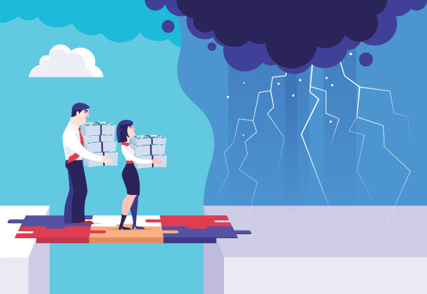 商人和女人拿着一叠钞票，站在拼图桥上，面对恶劣的天气图片下载