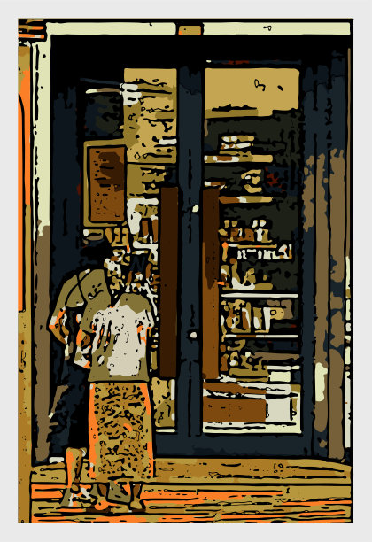 色彩艺术木刻风格咖啡馆店铺场景插画图片下载