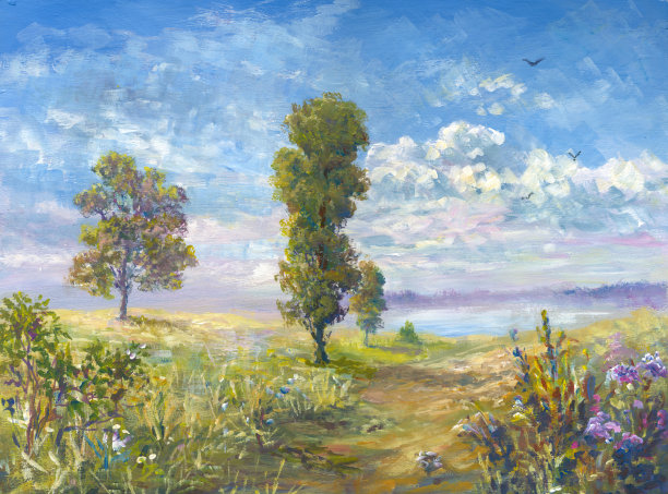 夏日乡村，绘画图片下载