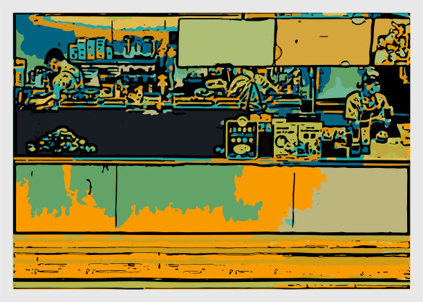 色彩艺术木刻手绘风格咖啡馆店铺场景插画图片下载