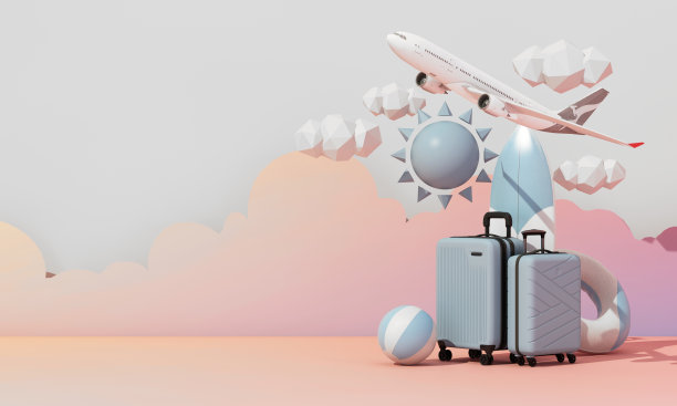 旅游概念和长周末或周末，由行李和旅行设备组成。在夏天，有飞机和空间用于广告或销售产品。粉彩背景3d渲染图片下载