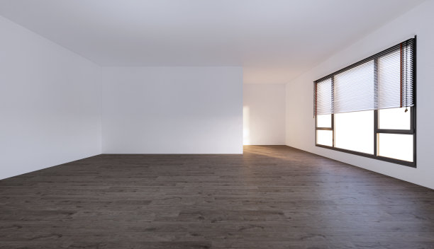 空房间大尺寸白色与木地板3D渲染。图片下载