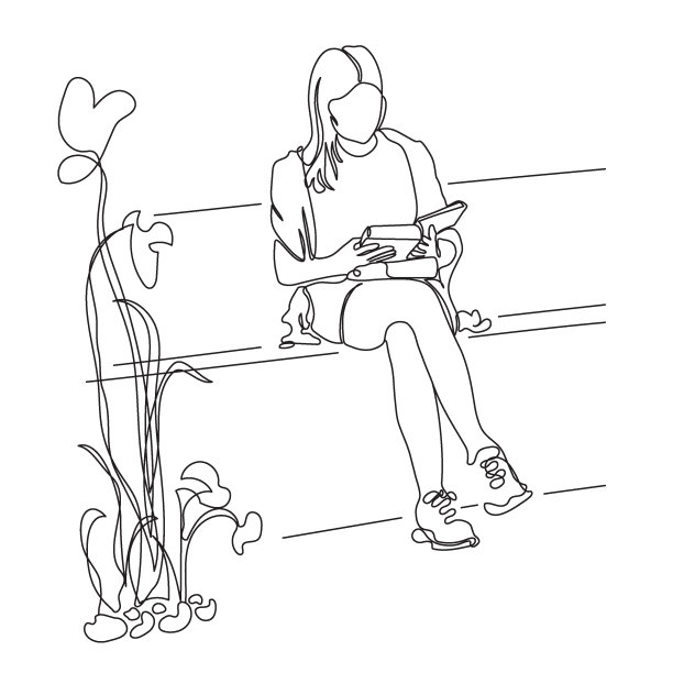 女人在看书。坐在公园长椅上，靠近抽象的花坛。图片下载