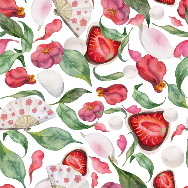 水彩无缝图案与手绘传统日本糖果。和木、麻糬、山茶花。孤立在白色背景上。请柬，餐厅菜单，贺卡，印刷品，纺织品图片下载