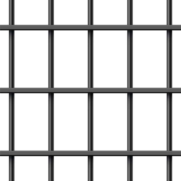 黑色现实的金属监狱栏杆隔离在白色的背景。详细的监狱笼子，监狱铁栅栏。犯罪背景模型。矢量图图片下载