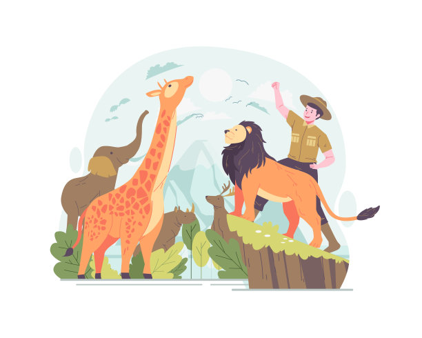 世界动物日插画。一位动物园男管理员带着动物庆祝世界动物日。世界野生动植物日图片下载