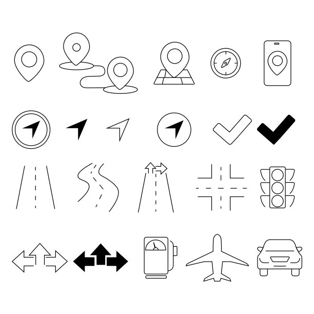 黑色导航和道路相关图标设置在白色背景上图片下载