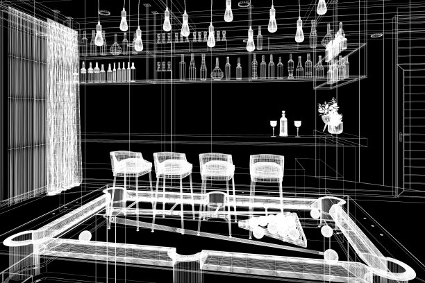 桌球台与柜台酒吧在放松室，三维渲染线框图片下载