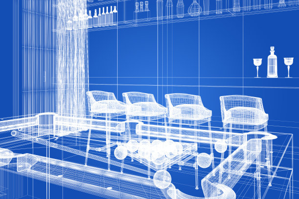 桌球台与柜台酒吧在放松室，三维渲染线框图片下载