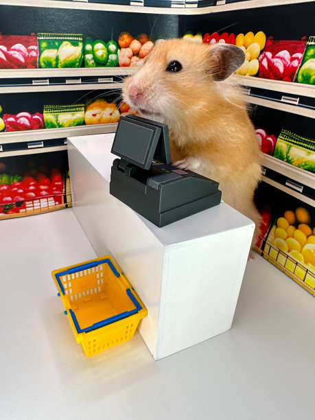 可爱的叙利亚仓鼠收银员在杂货店工作图片下载