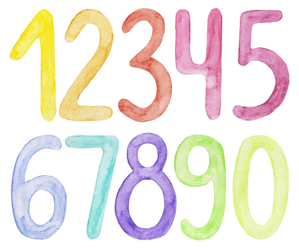 水彩数字，收集学习计数或各种装饰。色彩幼稚的数字孤立在白色的背景。图片下载