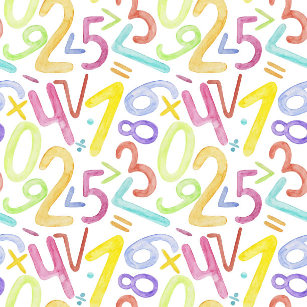 水彩图案与数字和数学符号。白色背景上的彩色幼稚图案。图片下载