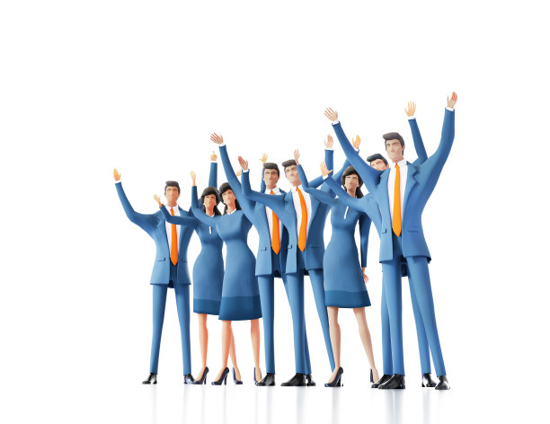 商务人士在会议结束后举起双手庆祝达成协议。3D渲染图图片下载