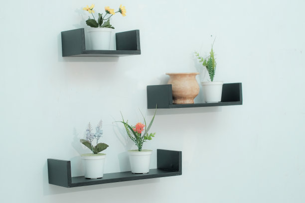 木制架子上摆放着漂亮的植物，闹钟，玩具车和浅色墙上的书图片下载