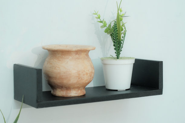 木制架子上摆放着漂亮的植物，闹钟，玩具车和浅色墙上的书图片下载