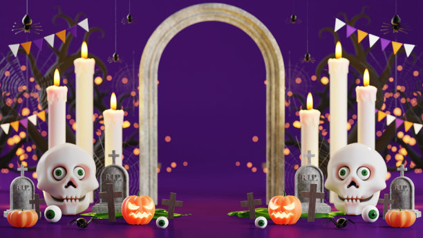 3d渲染插图设计万圣节横幅与南瓜，十字架，头骨，蜡烛，糖果，赠品盒，背景上的坟墓。图片下载