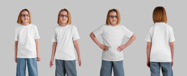 白色儿童t恤的模型穿着一个微笑的女孩穿着牛仔裤，眼镜，棉质服装的设计，印刷，品牌。集。图片下载