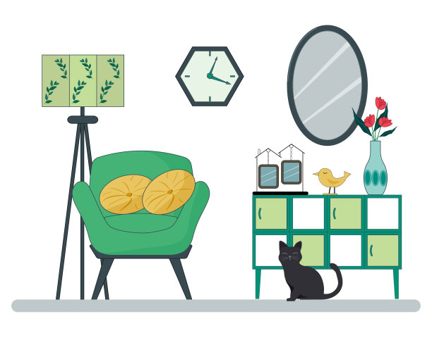 客厅内部的碎片。一把带枕头的扶手椅，一面镜子，一个马桶和一只坐着的猫。小册子，传单，传单。家具店设计。图片下载