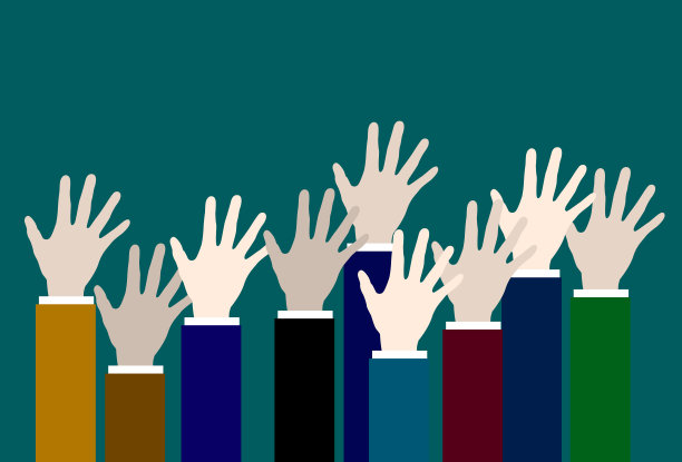 穿着西装的手伸直。手投票。举起手来。图片下载