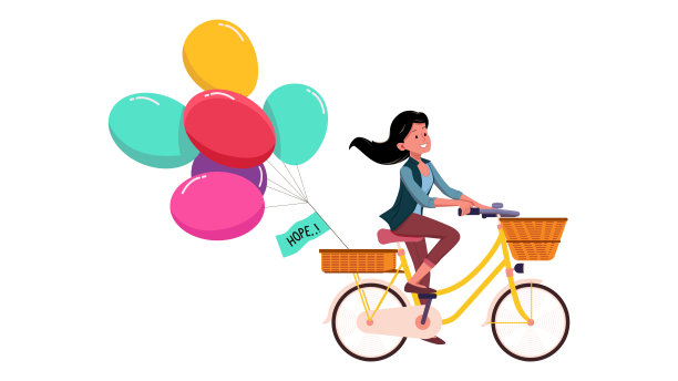矢量插图的女孩骑自行车与彩色气球和旗帜的希望图片下载