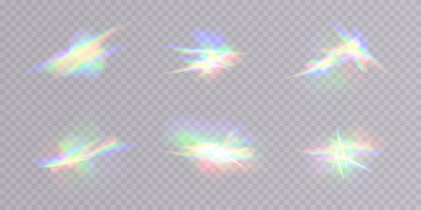 水晶和珠宝，棱镜，眩光。彩虹发光闪闪矢量集。逼真的钻石反射，彩虹光光学效果。镜头彩色折射矢量集。彩色光学彩虹灯。图片下载