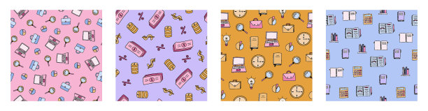 一套简单的无缝模式与商业涂鸦。关于钱，财务，营销，分析，团队合作，教育的手绘剪贴画可爱的印刷品。酷壁纸印花时尚面料设计图片下载