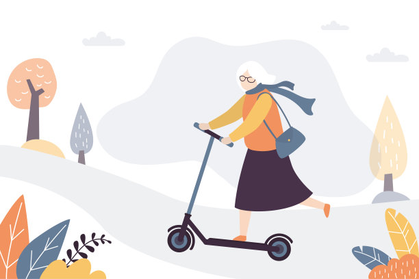 骑电动滑板车的老妇人。奶奶在公园里骑摩托车。适合运动人士的生态现代交通工具。周末假期，户外活动。图片下载