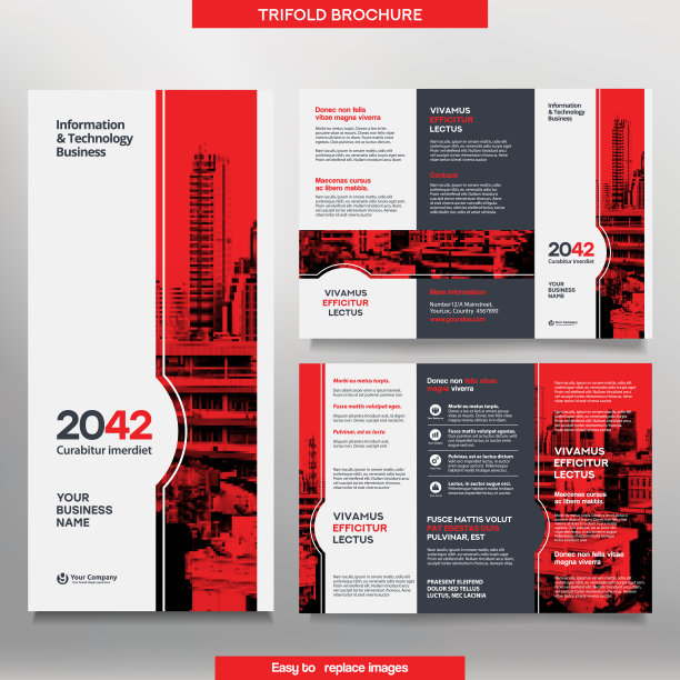 商业宣传册模板在三折叠布局。企业设计单张，可更换形象。图片下载