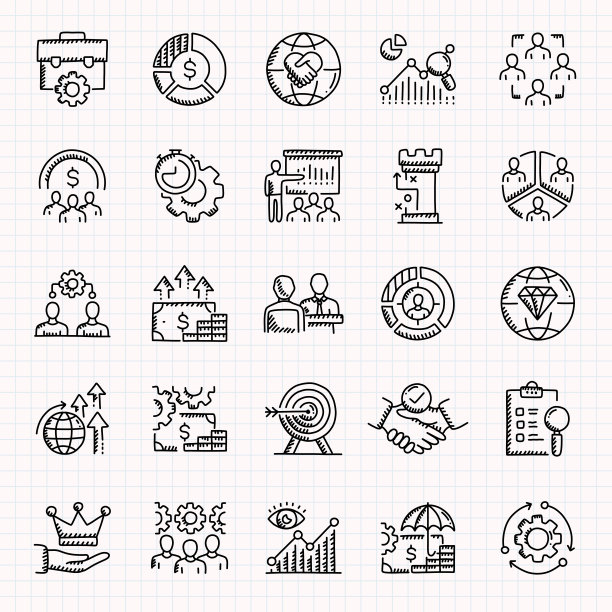 商业管理手绘图标集，涂鸦风格矢量插图图片下载