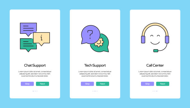帮助和支持概念Onboarding移动应用程序页面屏幕与平面图标。UX, UI设计模板矢量插图图片下载