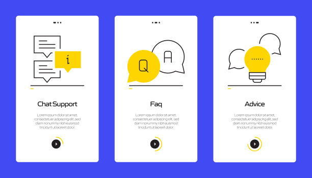 帮助和支持概念Onboarding移动应用程序页面屏幕与平面图标。UX, UI设计模板矢量插图图片下载