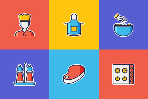 烹饪相关的平线图标，轮廓矢量符号插图。图片下载