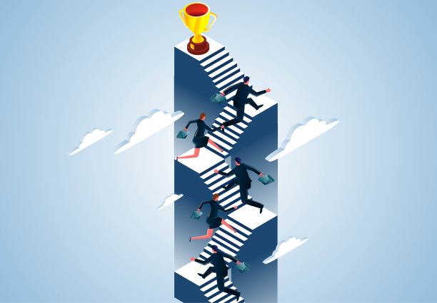 商业竞争或职业追求的概念，与竞争对手的竞争，商人对成功或奖杯的渴望，试图跑在台阶上竞争，试图先获得奖杯图片下载