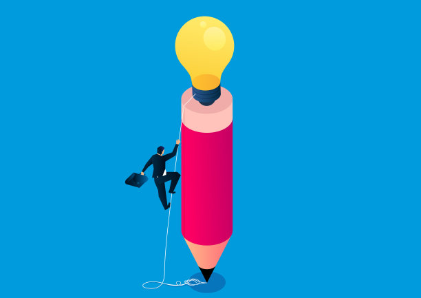 创意线索，一个商人爬上铅笔试图得到一个发光的灯泡图片下载