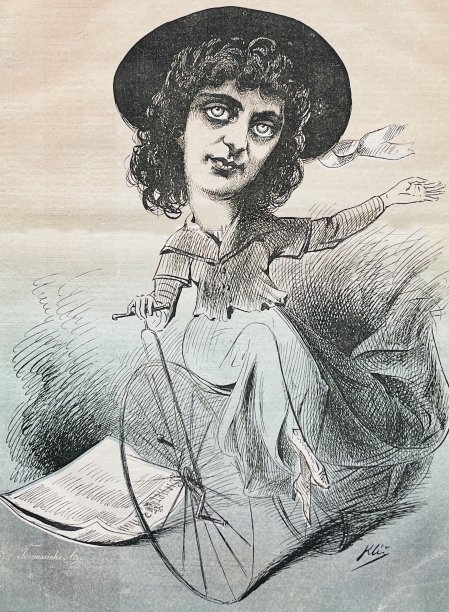 穿着飘逸的裙子骑在自行车上的女人，卷发，戴着帽子图片下载