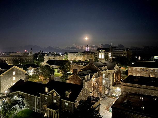 超级月亮照耀在亨利·希克斯学术大楼的达利钟楼上图片下载